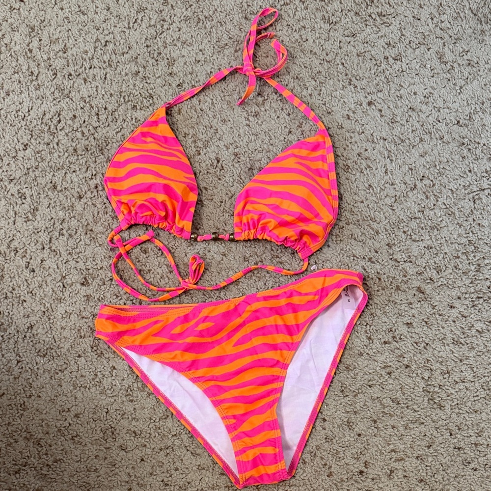 Kids Neon Pink & Orange Zebra Stripe Bikini - Youth Swim Set